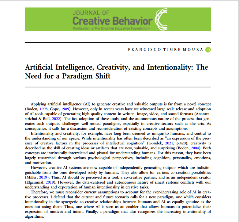 Cover of the article artificial intelligence, creativity and intentionality.
