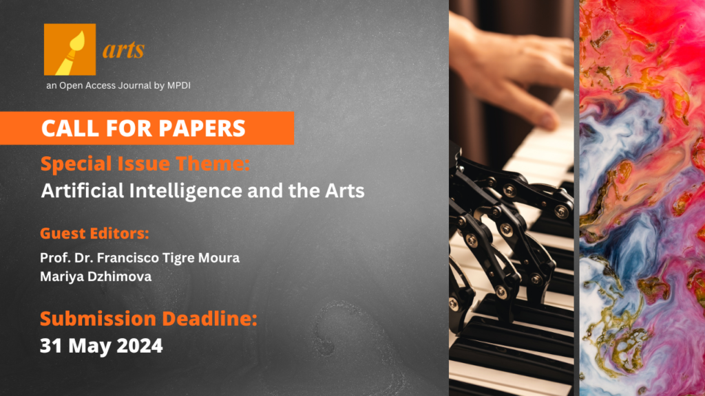 Banner with a call for papers for a special issue on the topic of artificil intelligence and the arts.
